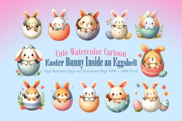 Easter Bunny Inside an Eggshell Graphics Gráfico Ilustraciones Imprimibles Por SiddKidd Studio