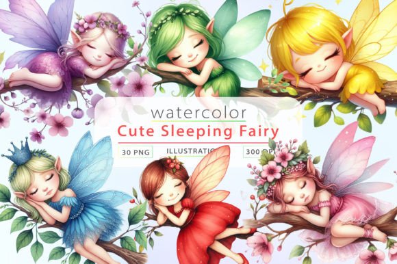Sleeping Fairy Watercolor Clipart Graphic Illustrations By LiustoreCraft