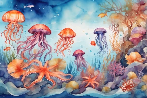 Under the Sea Watercolor Background Graphic Print Templates By Forhadx5