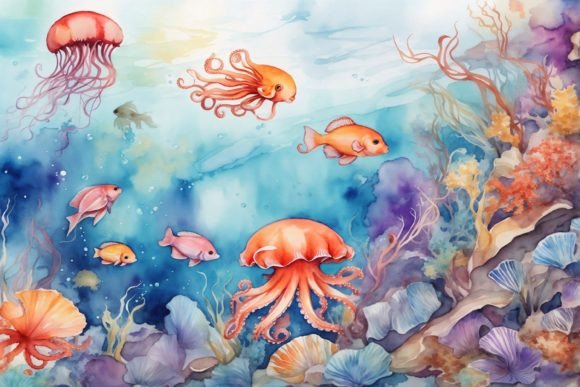 Under the Sea Watercolor Background Graphic Print Templates By Forhadx5