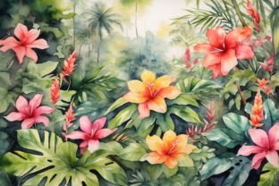 Watercolor Tropical Lush Flower Forest Graphic Print Templates By Forhadx5