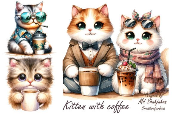Kitten with a Coffee Clipart, Watercolor Gráfico Ilustraciones Imprimibles Por Md Shahjahan