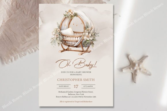 Neutral Boho Brown Sage Baby Crib Invite Graphic Print Templates By Blush Roses