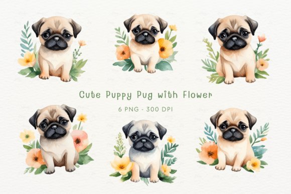 Watercolor Cute Puppy Pug with Flower Gráfico Ilustraciones Imprimibles Por Melody Design
