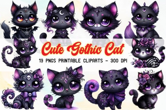 Watercolor Gothic Cat Clipart Illustration Illustrations Imprimables Par RobertsArt