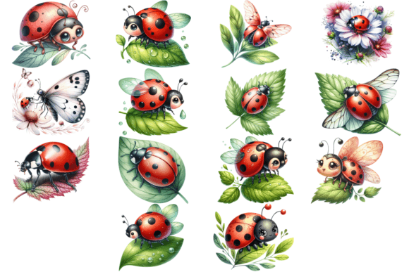 14 Watercolor Ladybug Clipart Bundle Grafika Ilustracje do Druku Przez Design Store