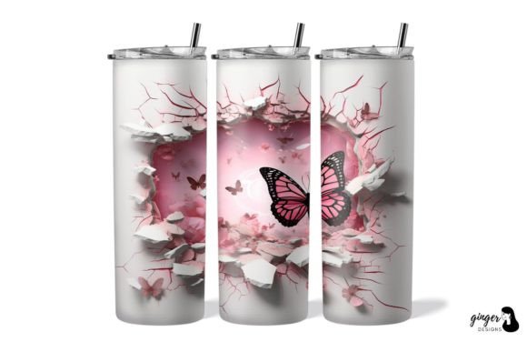 3D Cracked a Wall Pink Butterfly Tumbler Grafik Druck-Vorlagen Von gingerdesign