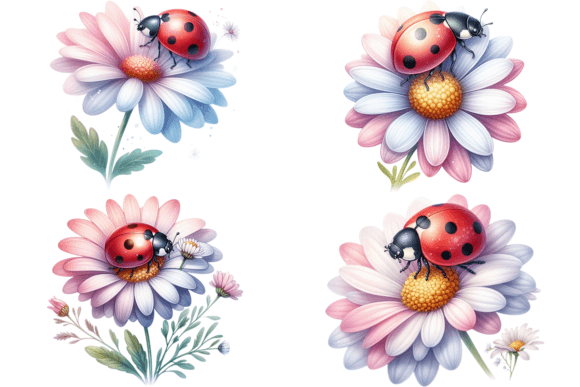 4 Watercolor Ladybug and Flowers Bundle Graphic Illustrations By Design Store