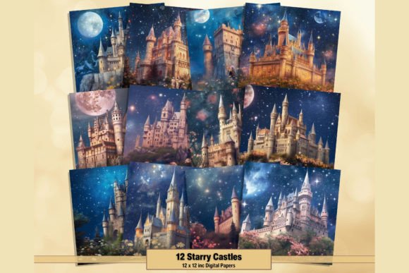 Starry Fantasy Castles Digital Papers Grafika Tła Przez artisticwayco