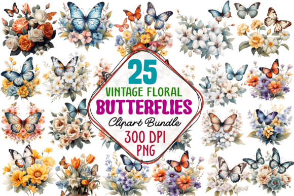 Vintage Floral Butterflies Clipart Grafik Druckbare Illustrationen Von CraftArt