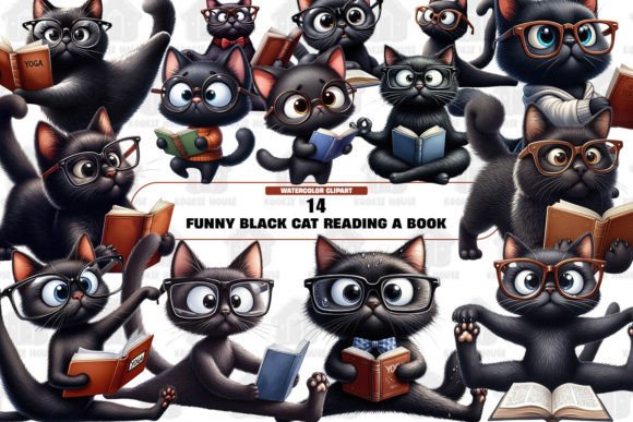 Funny Black Cat Reading a Book Clipart Graphic Illustrations By Kookie House
