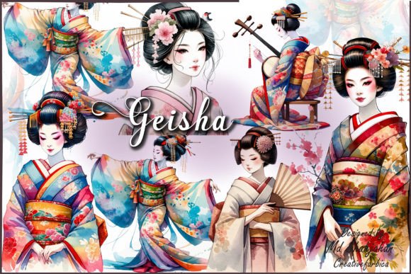 Japanese Geisha Clipart, Asian Beauty Grafik Druckbare Illustrationen Von Md Shahjahan