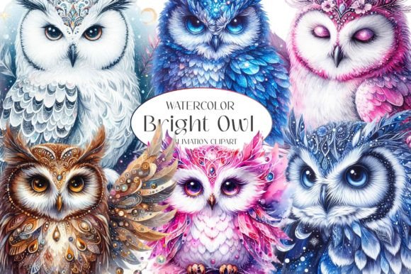 Watercolor Bright Owl Clipart Grafica Illustrazioni Stampabili Di Dreamshop