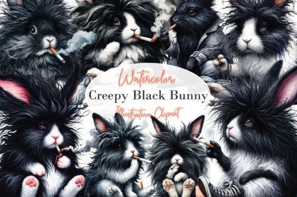 Watercolor Creepy Black Bunny Clipart Grafika Ilustracje do Druku Przez Dreamshop