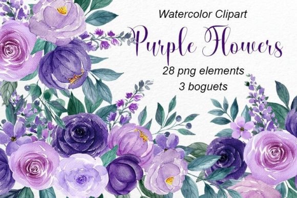 Watercolor Purple Flowers, Set Bouquets Graphic Illustrations By StepanovaArt