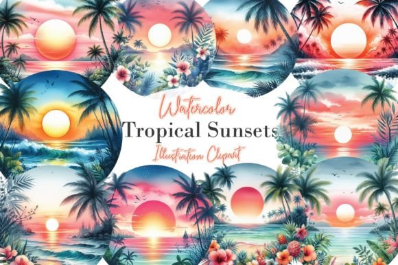 Watercolor Tropical Sunsets Clipart Graphic Illustrations By Dreamshop