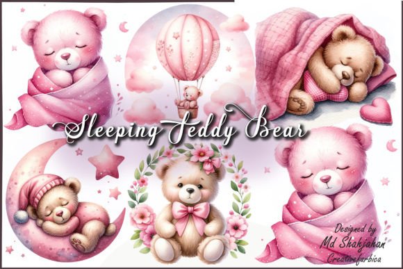 Pink Teddy Bear Clipart, Sleepy Teddy Gráfico Ilustraciones Imprimibles Por Md Shahjahan