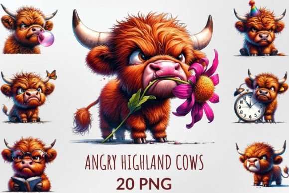 Watercolor Angry Highland Cows Clipart Graphic Illustrations By DigitalCreativeDen
