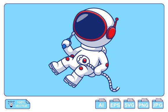 Cute Astronaut Floating Cartoon Grafik Druckbare Illustrationen Von mokshastuff