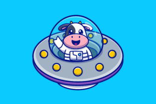 Cute Cow Astronaut in UFO Cartoon Illustration Illustrations Imprimables Par catalyststuff