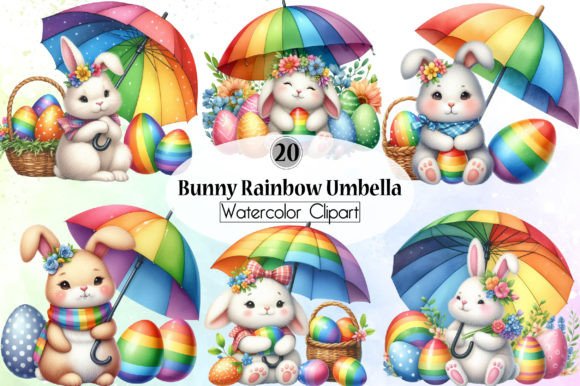 Easter Day Bunny Rainbow Umbella Clipart Graphic Illustrations By LibbyWishes