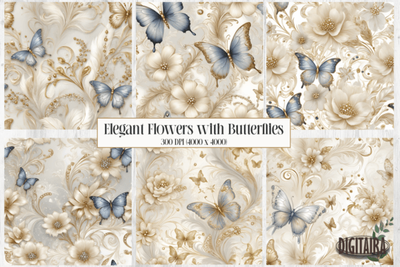 Muted Gold Flowers with Butterflies Graphic Backgrounds By Digitari