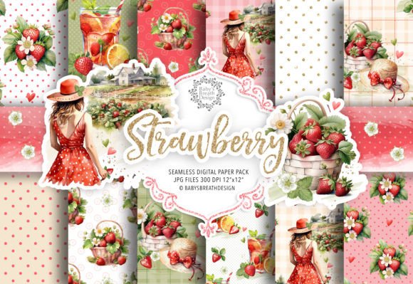 Strawberry Digital Paper Pack Gráfico Patrones de Papel Por designloverstudio