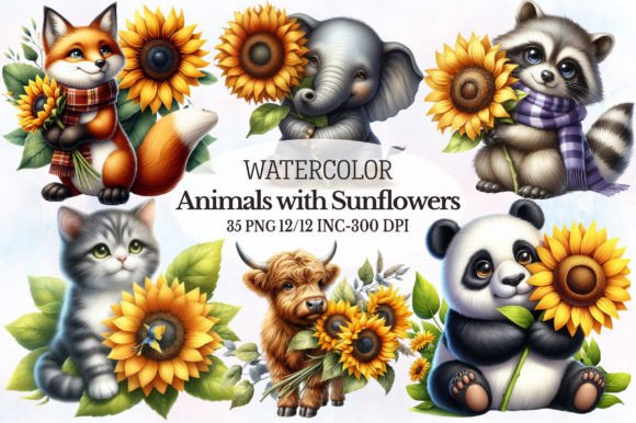 Animals with Sunflowers Clipart Graphic Illustrations By RevolutionCraft