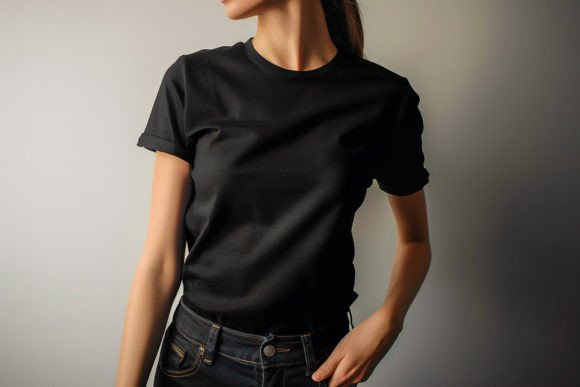 Gildan Black T-shirt Mockup on Woman Grafik Individuell gestaltete Produktmodelle (Mockups) Von VetalStock