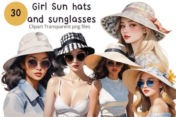 Girl Sun Hats and Sunglasses Clipart Gráfico Ilustraciones Imprimibles Por Pimkunnicha