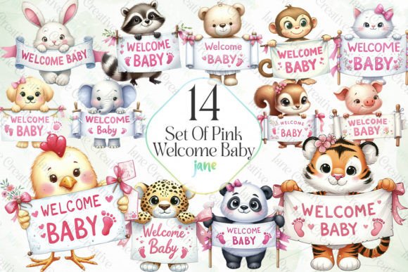 Set of Pink Welcome Baby Sublimation Grafik Druckbare Illustrationen Von JaneCreative