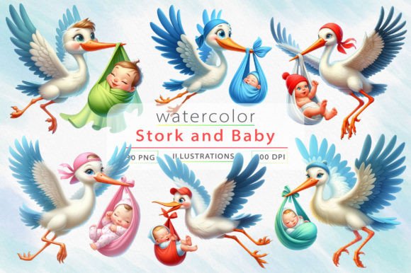 Stork and Baby Sublimation Clipart Grafik Druckbare Illustrationen Von LiustoreCraft