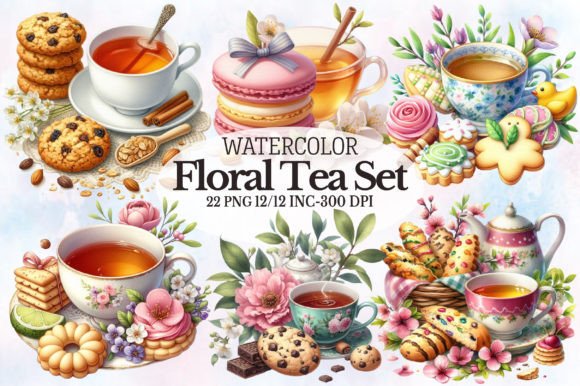 Watercolor Floral Tea Set Clipart Graphic Illustrations By RevolutionCraft