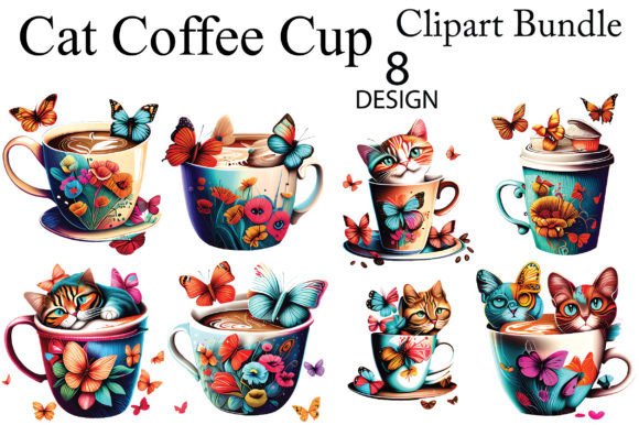 Cat Coffee Cup Clipart Bundle Illustration Illustrations Imprimables Par AM-Designer