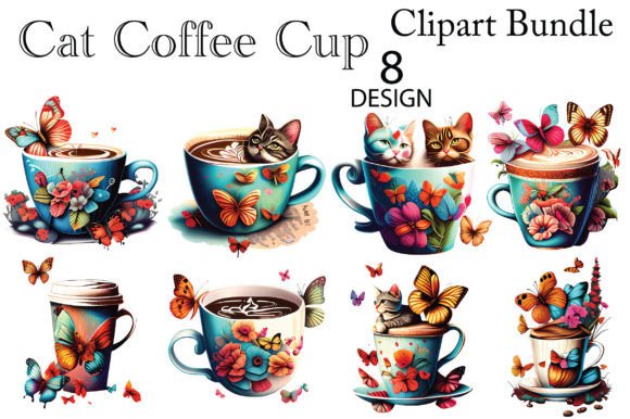 Cat Coffee Cup Clipart Bundle Illustration Illustrations Imprimables Par AM-Designer