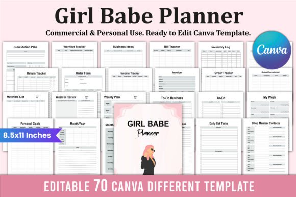 Editable Girl Babe Planner for Canva Kdp Gráfico Interiores KDP Por Shumaya