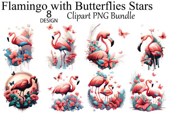 Flamingo with Butterflies Stars Clipart Illustration Illustrations Imprimables Par AM-Designer