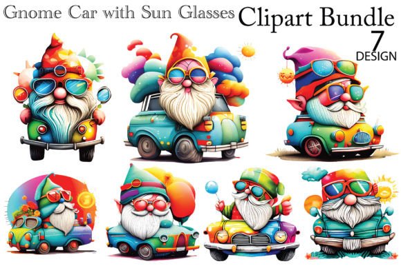 Gnome Car with Sun Glasses Illustration Illustrations Imprimables Par AM-Designer