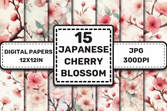 Japanese Cherry Blossom Digital Papers Graphic AI Patterns By ElksArtStudio