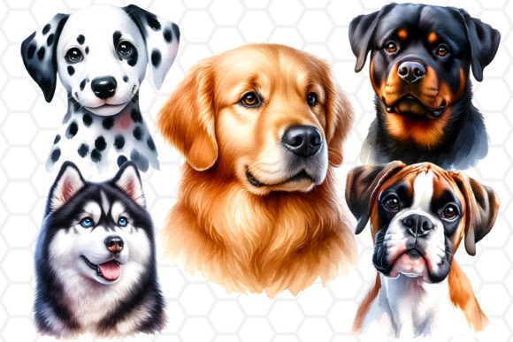 Watercolor Dog Portrait Clipart Set PNG Graphic Illustrations By DreanArtDesign