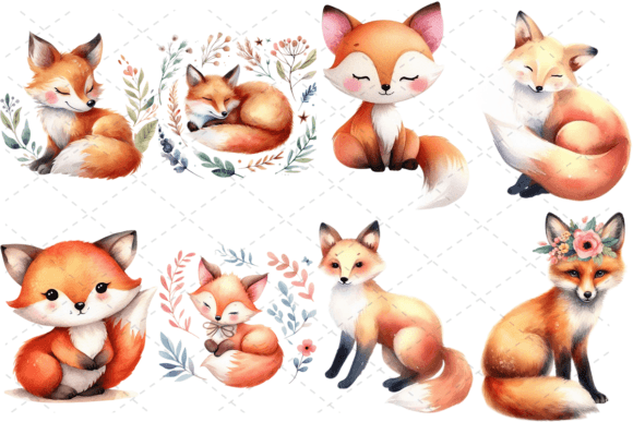 8 Watercolor Fox Clipart PNG Bundle Gráfico Ilustraciones Imprimibles Por Design Store