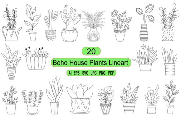 Boho House Plants Lineart Graphic Gráfico Ilustraciones Imprimibles Por rangita store