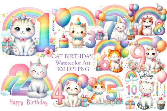 Cat Birthday Watercolor Clipart Gráfico Manualidades Por HIRA'S INFINITE VISTA