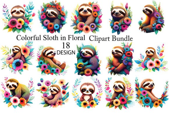 Colorful Sloth in Floral Illustration Modèles d'Impression Par AM-Designer