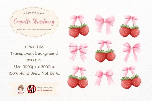 Coquette Strawberry with Pink Bow Graphic Illustrations By Chonnieartwork