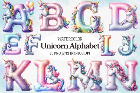 Watercolor Unicorn Alphabet Clipart Gráfico Ilustraciones Imprimibles Por RevolutionCraft
