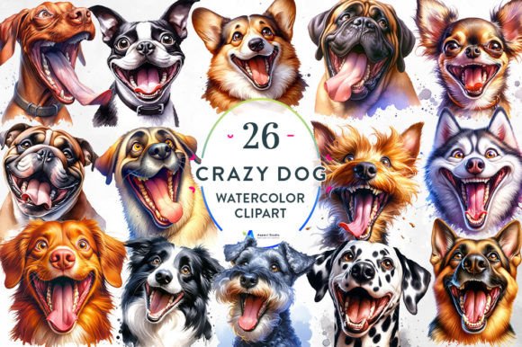 Crazy Dogs Watercolor Clipart Gráfico Ilustraciones Imprimibles Por Aspect_Studio