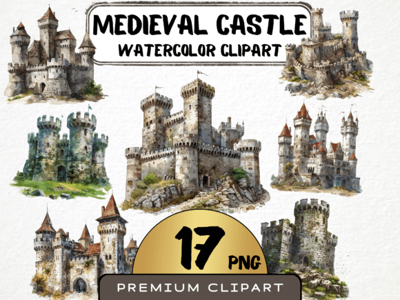 Medieval Castle Clipart Bundle 18 PNG Gráfico Ilustrações para Impressão Por MokoDE