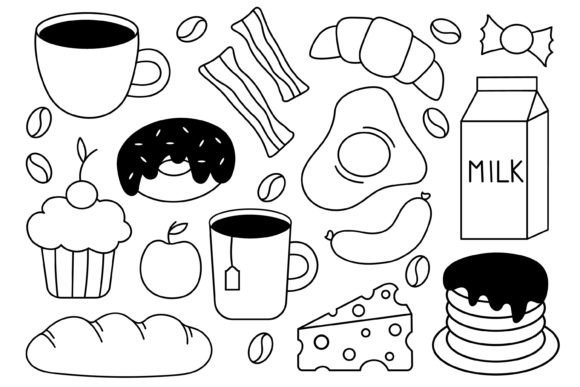 Breakfast Set. Food and Drink. Doodle Illustration Illustrations Imprimables Par Darinov Art