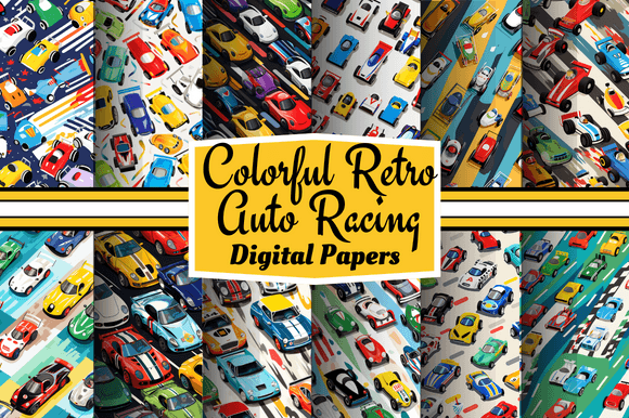 Colorful Retro Auto Racing Digital Paper Graphic Backgrounds By Craft Studios
